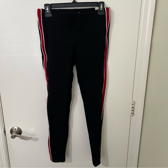 NWT Zara Mid-Rise Black Trousers Leggings Pants with Red and White Side Stripes - Picture 1 of 3